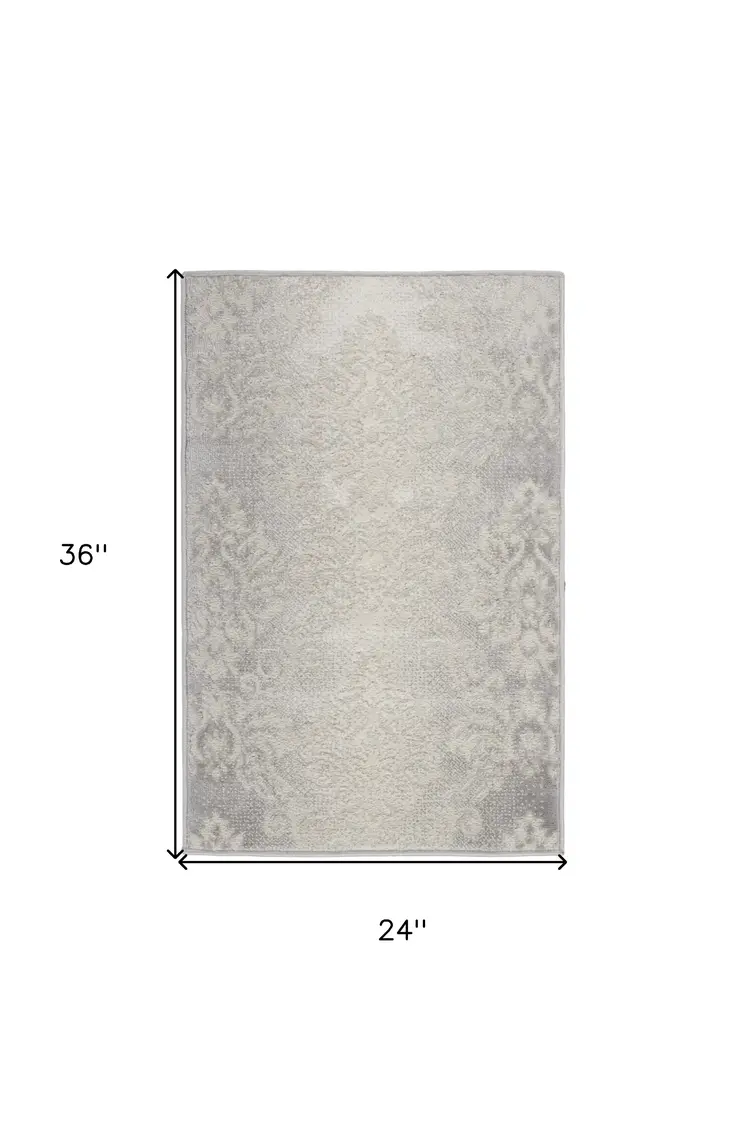 2' X 3' Ivory and Gray Damask Distressed Non Skid Area Rug