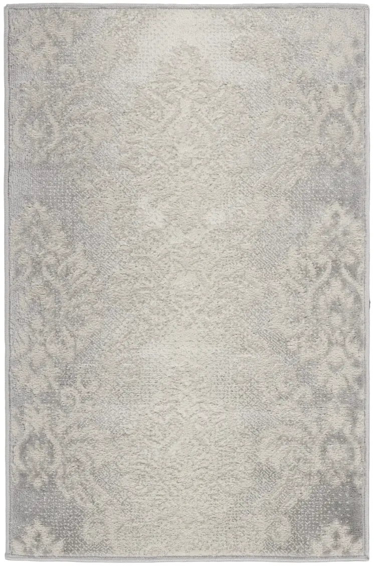 2' X 3' Ivory and Gray Damask Distressed Non Skid Area Rug