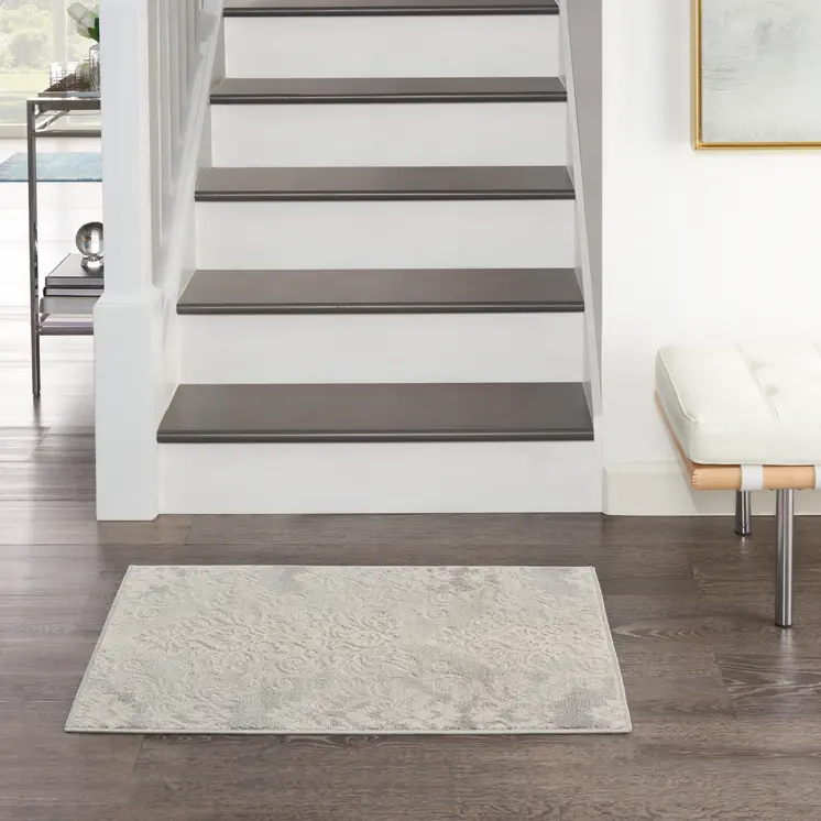 2' X 3' Ivory and Gray Damask Distressed Non Skid Area Rug