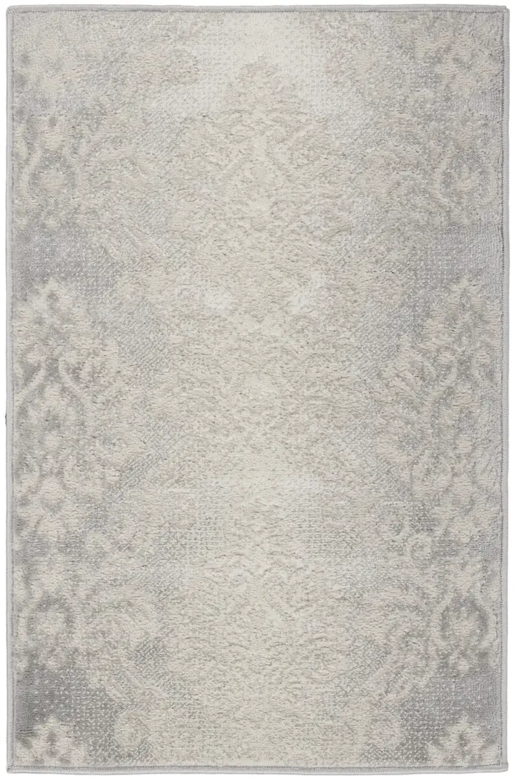2' X 3' Ivory and Gray Damask Distressed Non Skid Area Rug