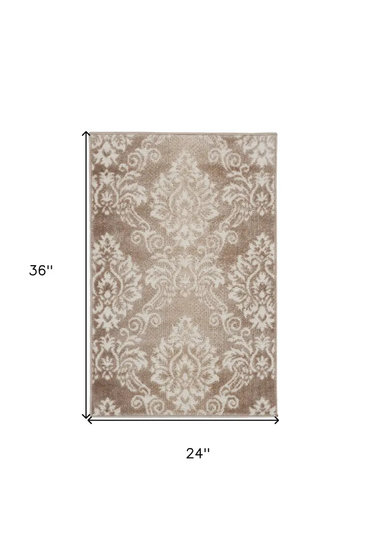 2' X 3' Ivory and Brown Damask Distressed Non Skid Area Rug