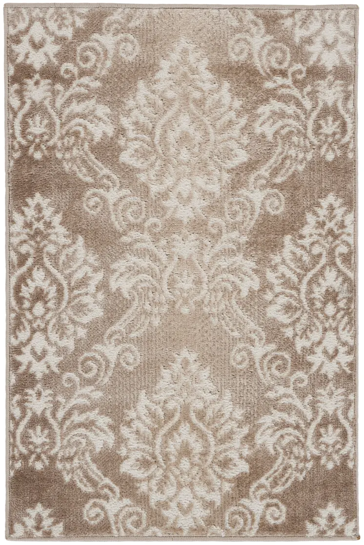 2' X 3' Ivory and Brown Damask Distressed Non Skid Area Rug