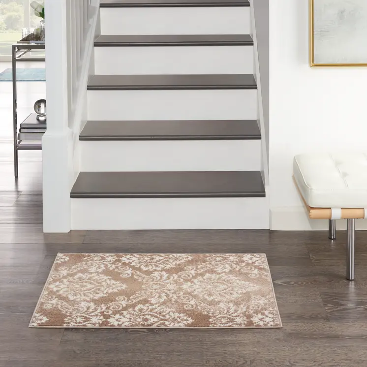 2' X 3' Ivory and Brown Damask Distressed Non Skid Area Rug