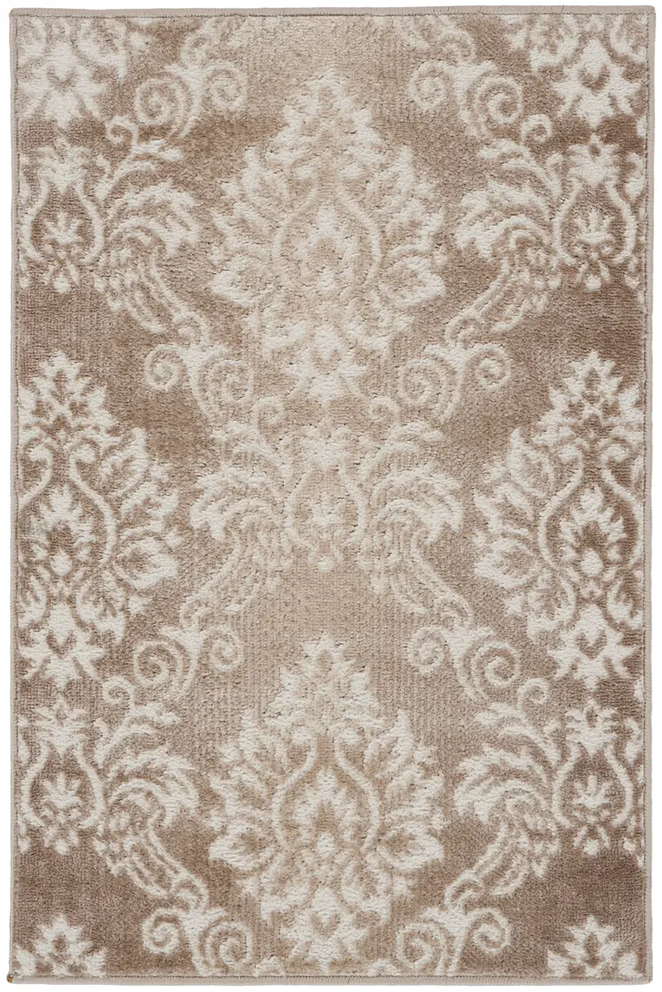 2' X 3' Ivory and Brown Damask Distressed Non Skid Area Rug