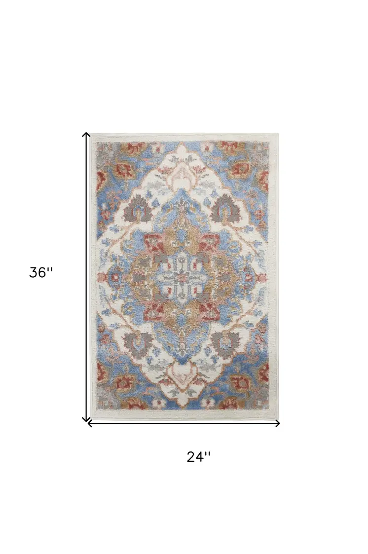 2' X 3' Ivory Blue and Orange Floral Non Skid Area Rug
