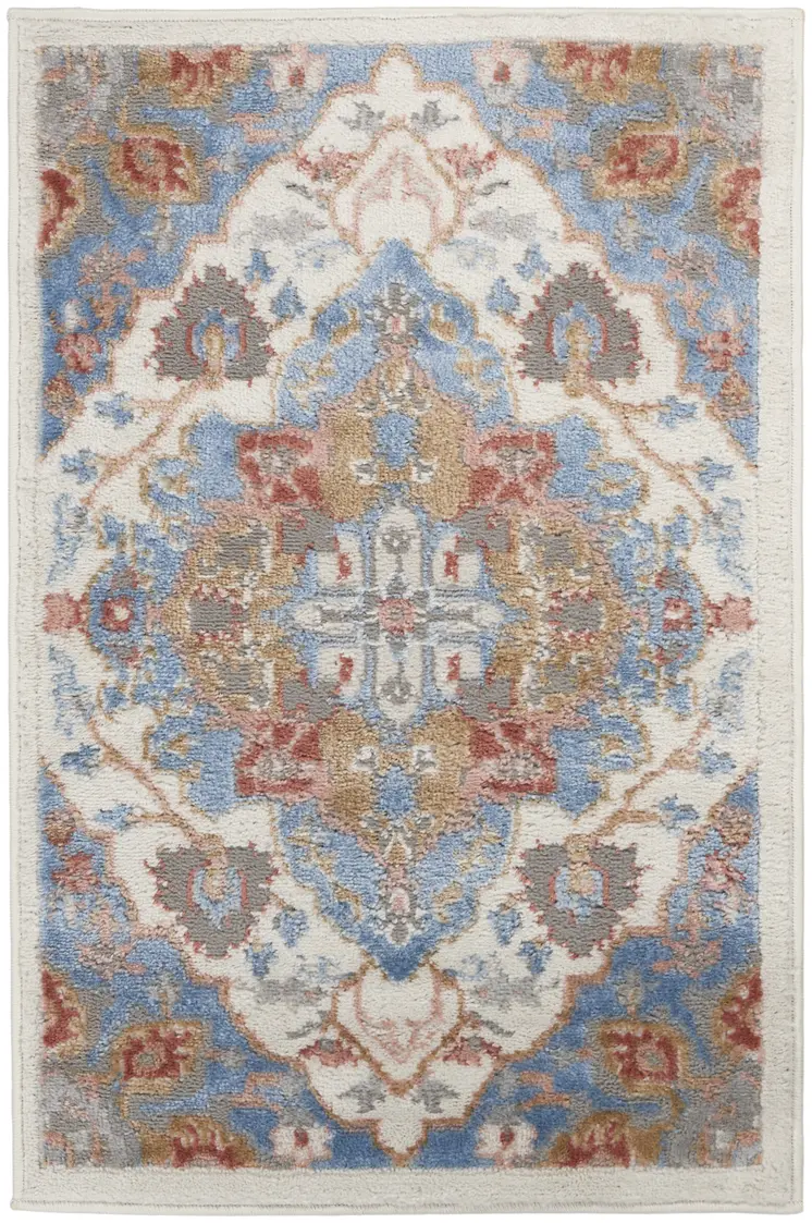 2' X 3' Ivory Blue and Orange Floral Non Skid Area Rug