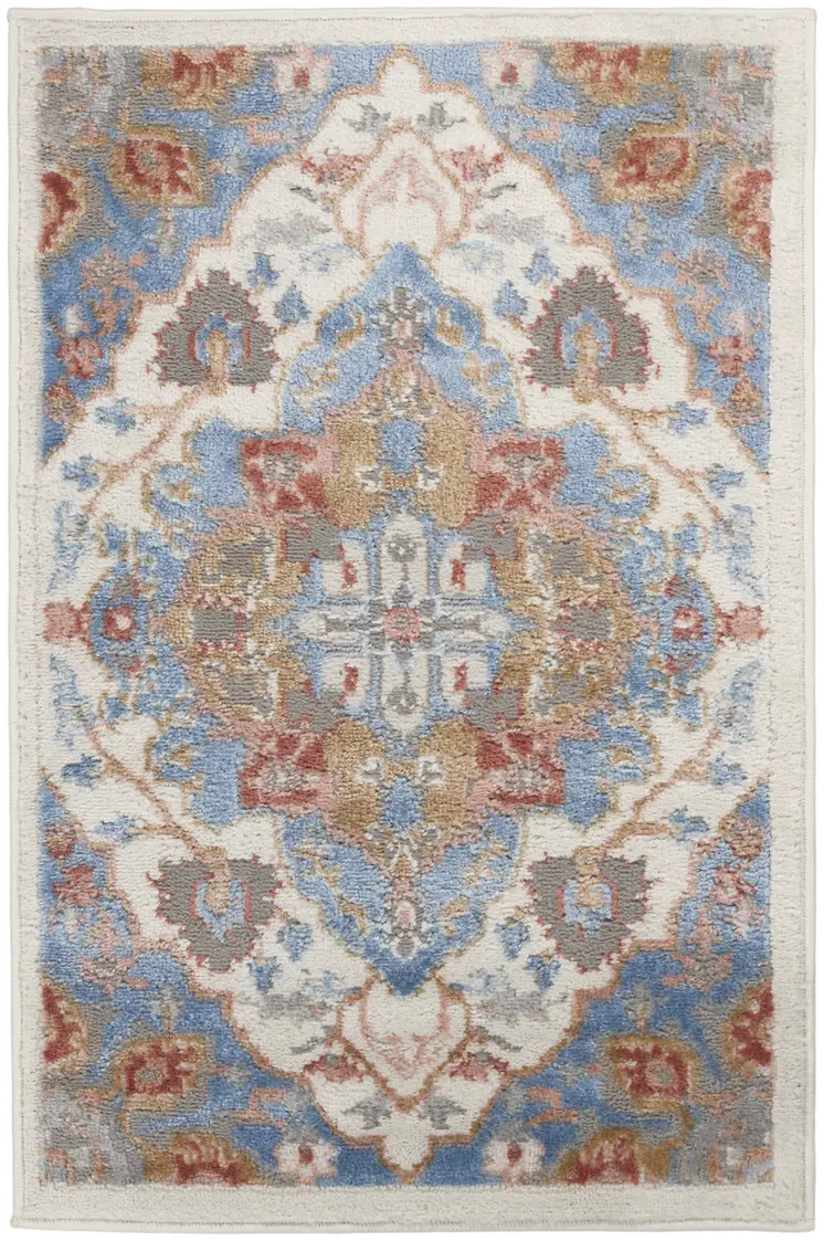2' X 3' Ivory Blue and Orange Floral Non Skid Area Rug