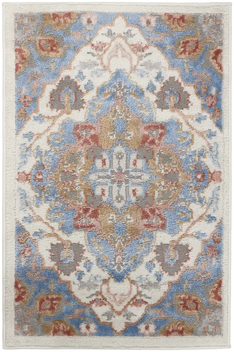 2' X 3' Ivory Blue and Orange Floral Non Skid Area Rug