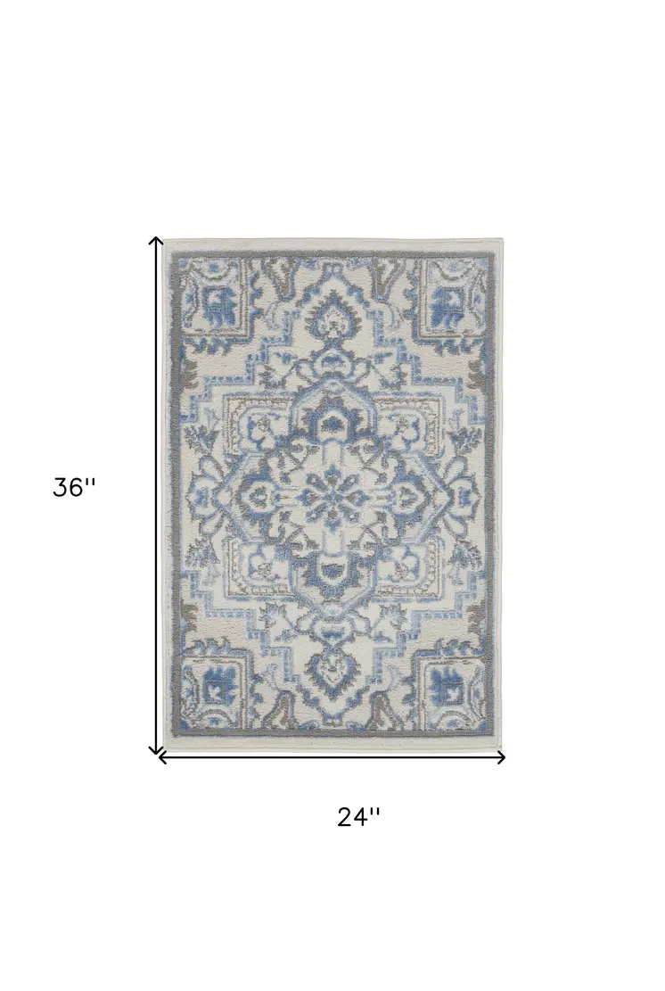 2' X 3' Ivory Blue and Gray Floral Non Skid Area Rug