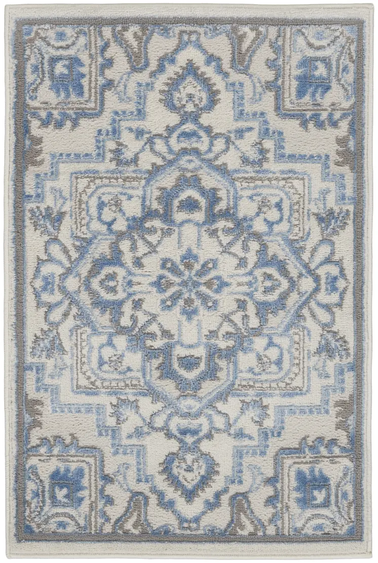 2' X 3' Ivory Blue and Gray Floral Non Skid Area Rug