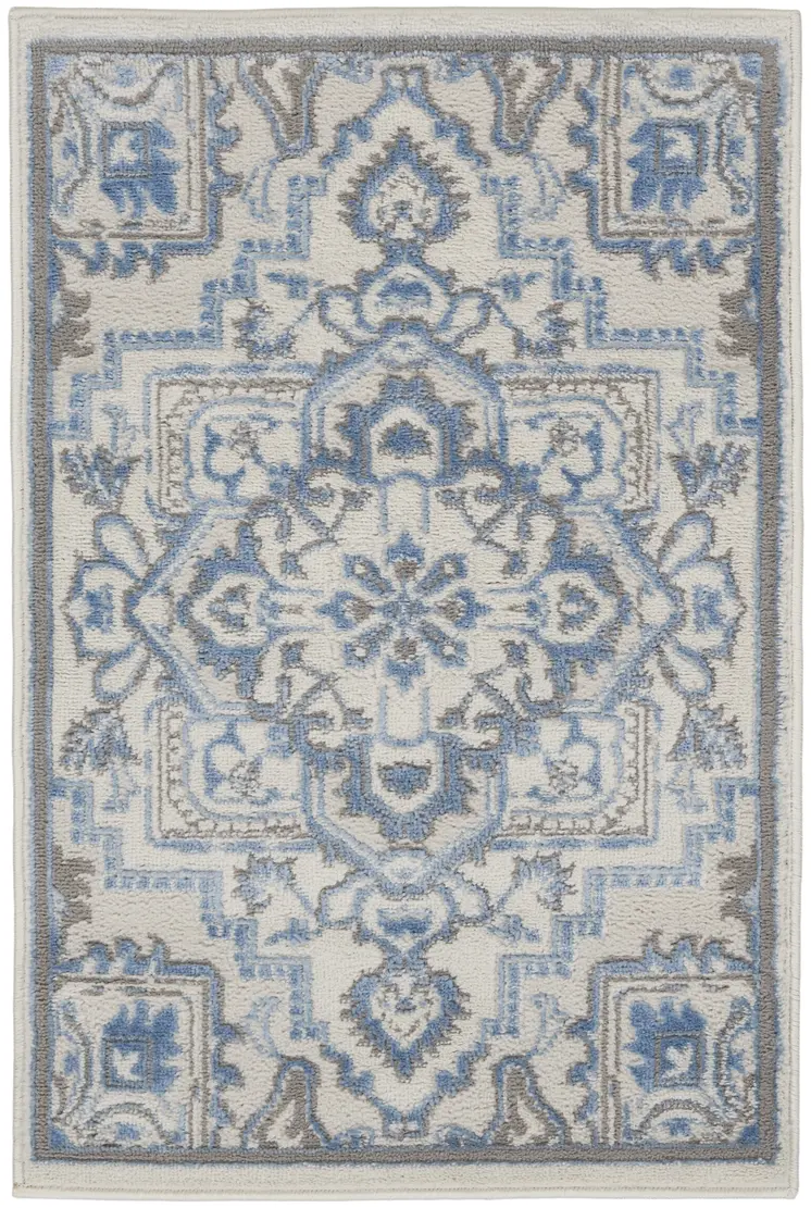 2' X 3' Ivory Blue and Gray Floral Non Skid Area Rug