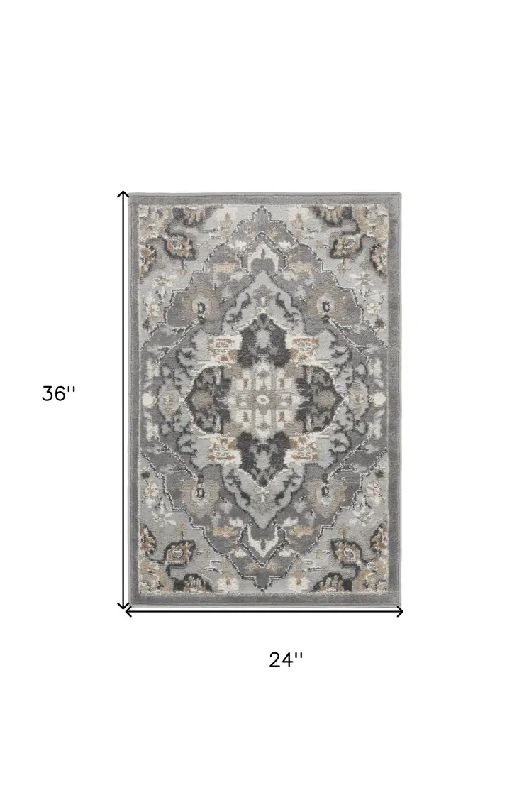 2' X 3' Black and Gray Floral Non Skid Area Rug