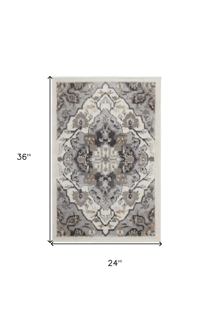 2' X 3' Ivory Black and Gray Floral Non Skid Area Rug