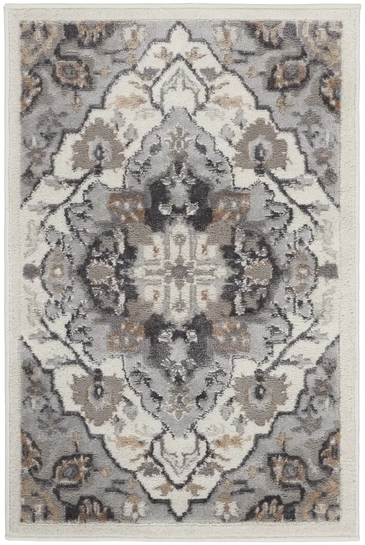 2' X 3' Ivory Black and Gray Floral Non Skid Area Rug
