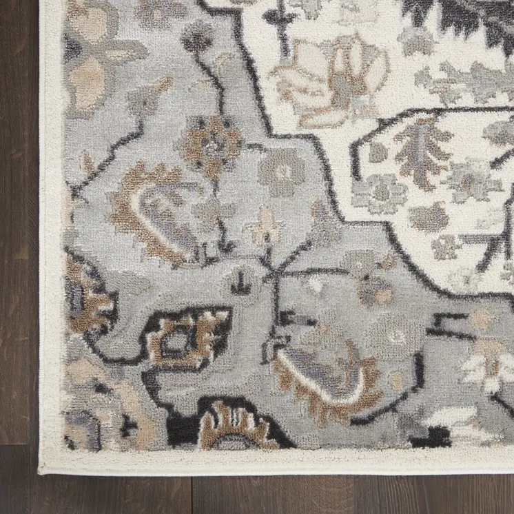 2' X 3' Ivory Black and Gray Floral Non Skid Area Rug