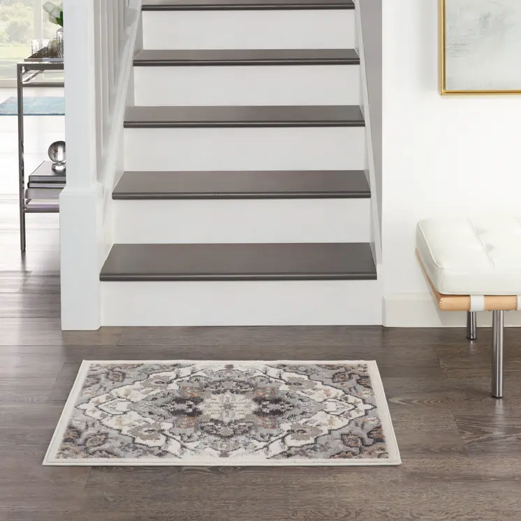 2' X 3' Ivory Black and Gray Floral Non Skid Area Rug