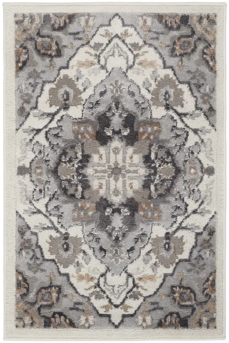 2' X 3' Ivory Black and Gray Floral Non Skid Area Rug