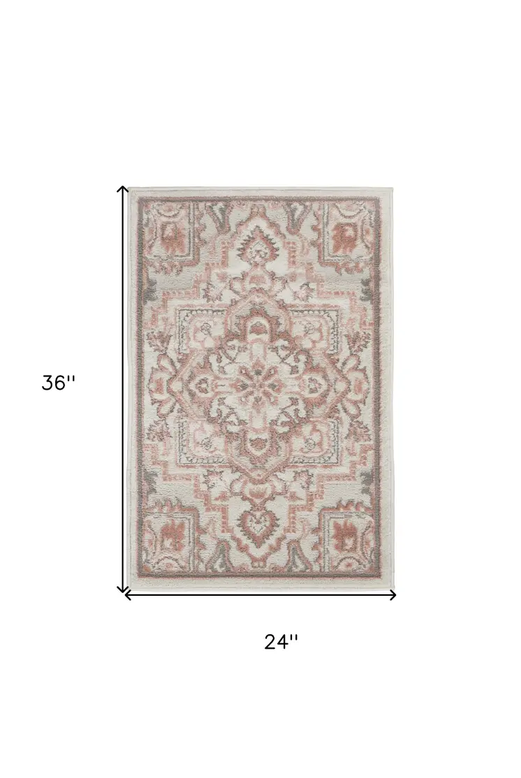 2' X 3' Ivory and Red Floral Non Skid Area Rug