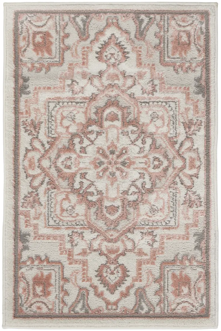 2' X 3' Ivory and Red Floral Non Skid Area Rug
