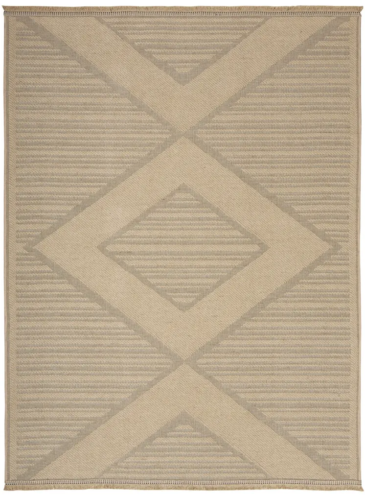 5' X 7' Natural And Beige Geometric Flatweave Non Skid Area Rug With Fringe