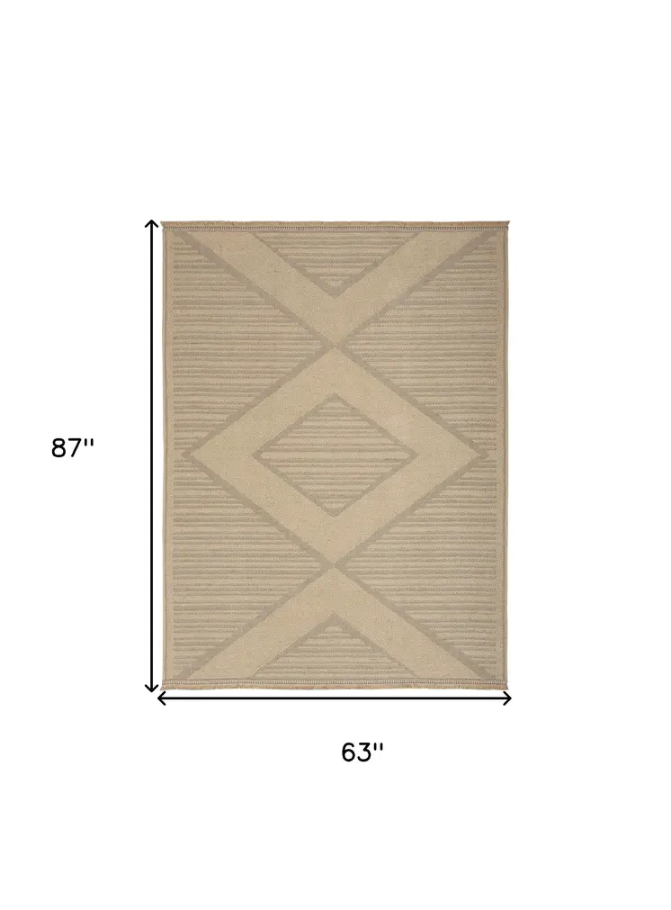 5' X 7' Natural And Beige Geometric Flatweave Non Skid Area Rug With Fringe