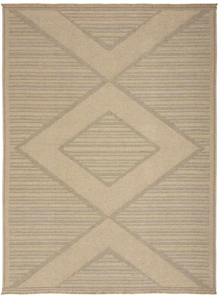 5' X 7' Natural And Beige Geometric Flatweave Non Skid Area Rug With Fringe
