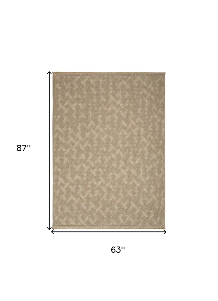 5' X 7' Natural Geometric Flatweave Non Skid Area Rug With Fringe