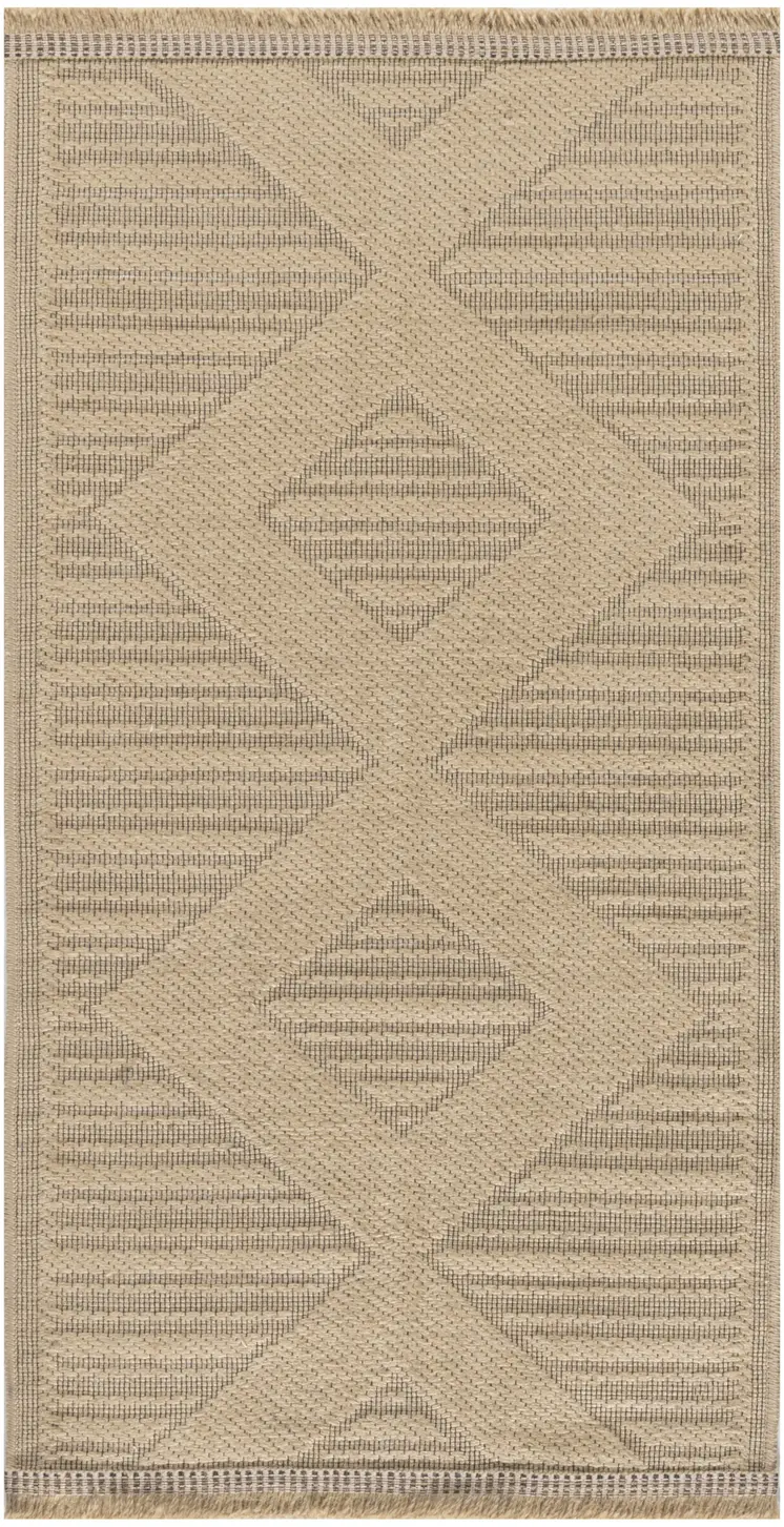 2' X 4' Natural And Beige Geometric Flatweave Non Skid Area Rug With Fringe