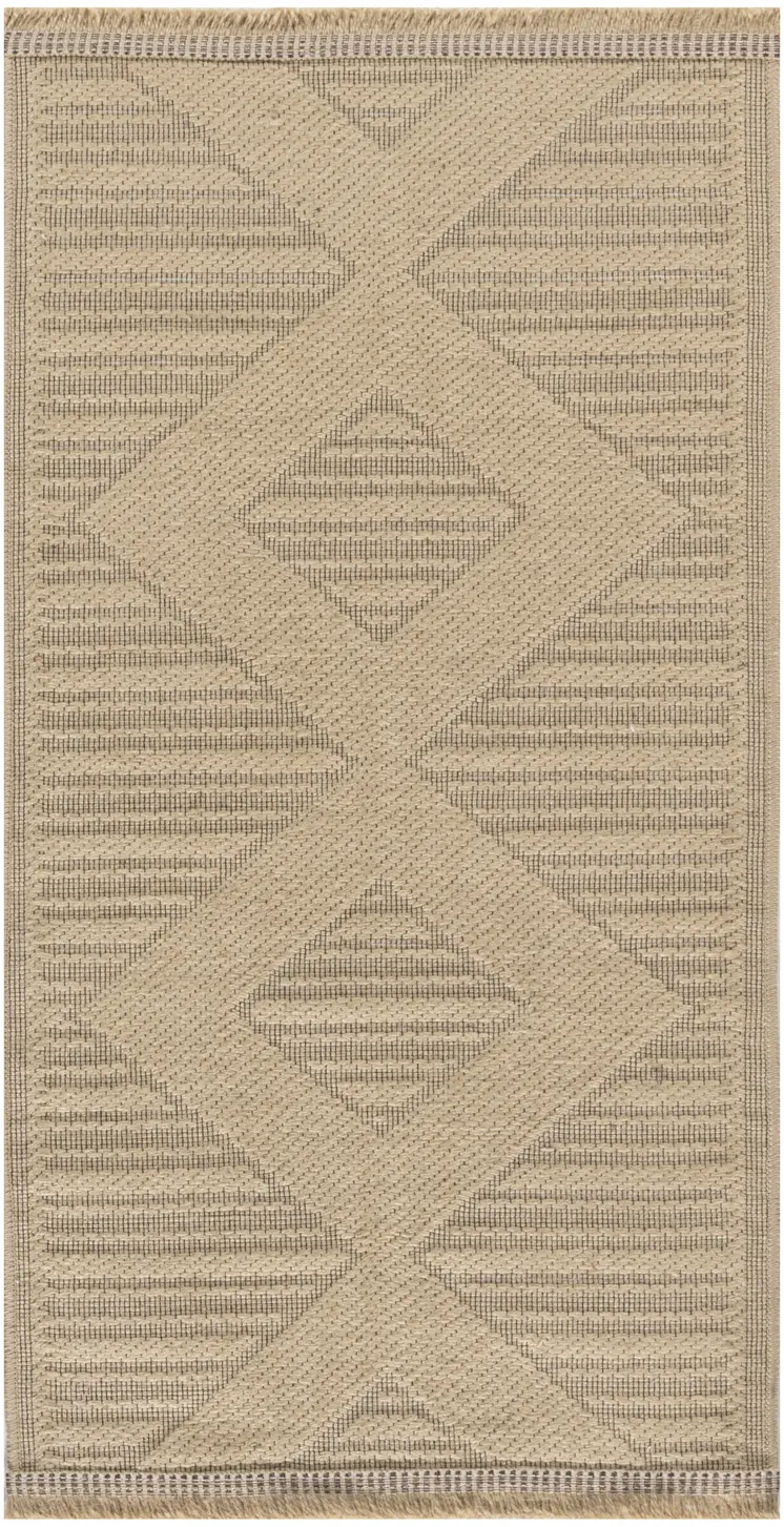 2' X 4' Natural And Beige Geometric Flatweave Non Skid Area Rug With Fringe