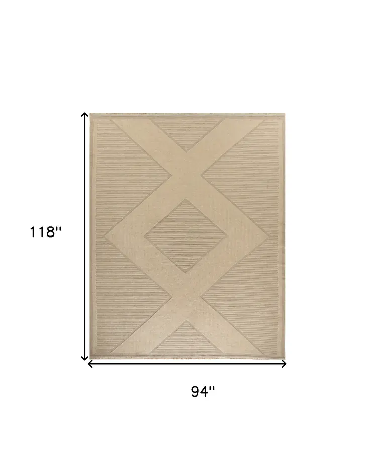 8' X 10' Natural And Beige Geometric Flatweave Non Skid Area Rug With Fringe