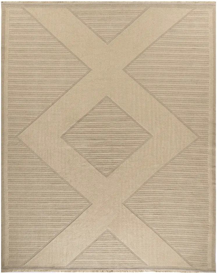 8' X 10' Natural And Beige Geometric Flatweave Non Skid Area Rug With Fringe