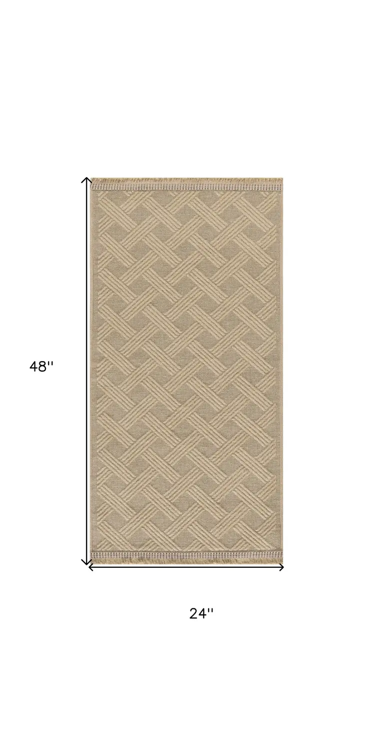 2' X 4' Natural Geometric Flatweave Non Skid Area Rug With Fringe
