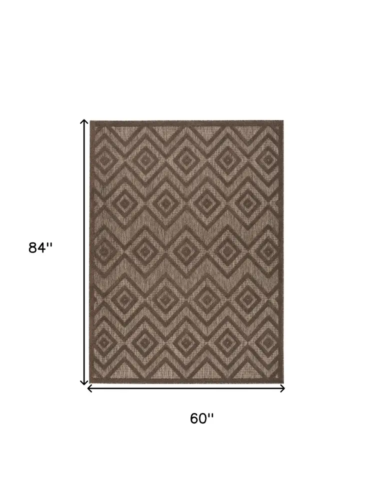 5' X 7' Dark Brown And Light Brown Geometric Indoor Outdoor Area Rug