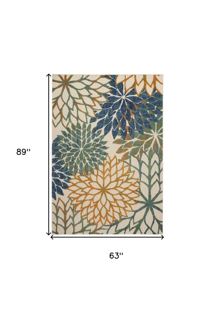 5' X 8' Blue Yellow And Blue Floral Indoor Outdoor Area Rug
