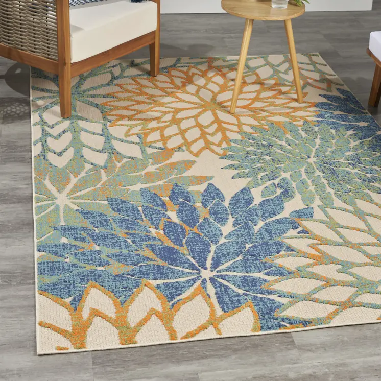 5' X 8' Blue Yellow And Blue Floral Indoor Outdoor Area Rug