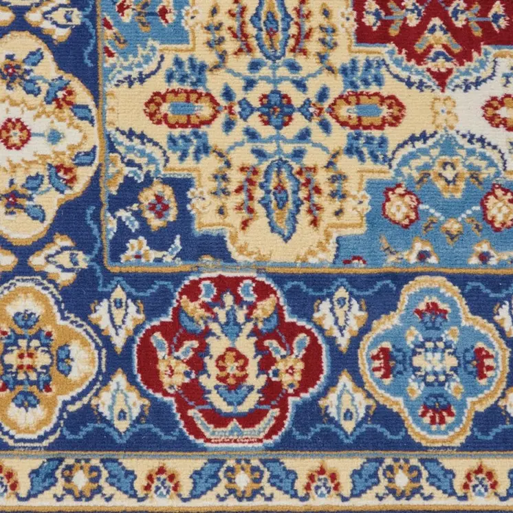 6' Ivory Red and Blue Ogee Distressed Non Skid Runner Rug