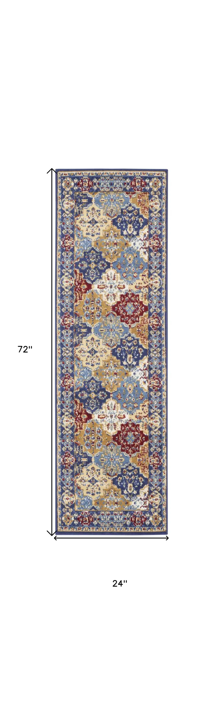 6' Ivory Red and Blue Ogee Distressed Non Skid Runner Rug