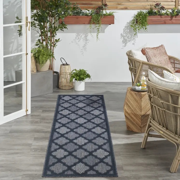 6' Navy Blue And Ivory Geometric Indoor Outdoor Area Rug