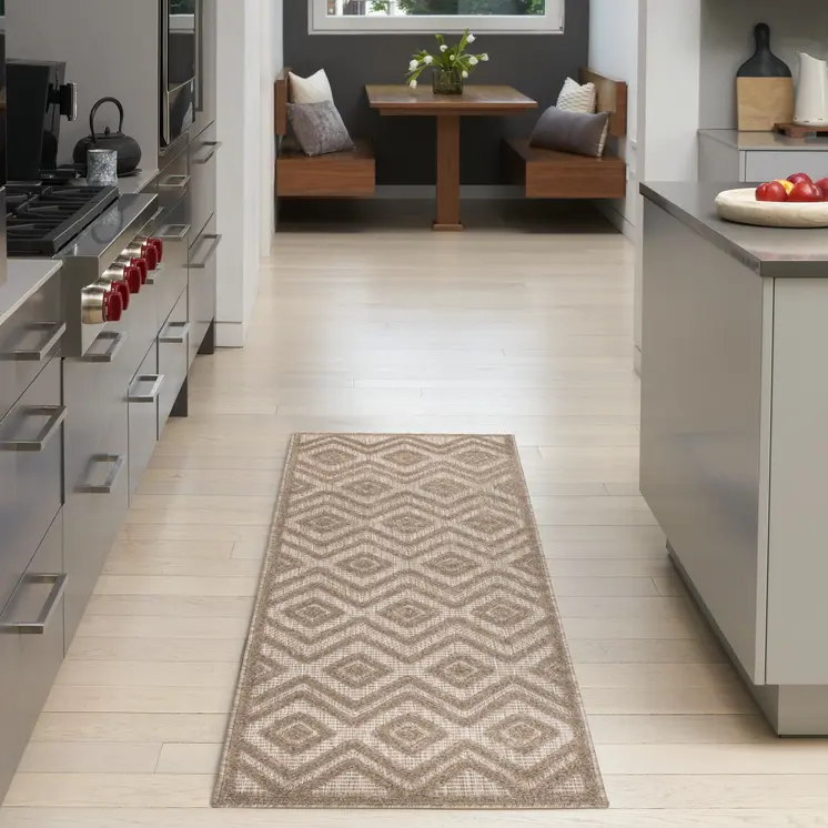 6' Natural And Ivory Geometric Indoor Outdoor Area Rug