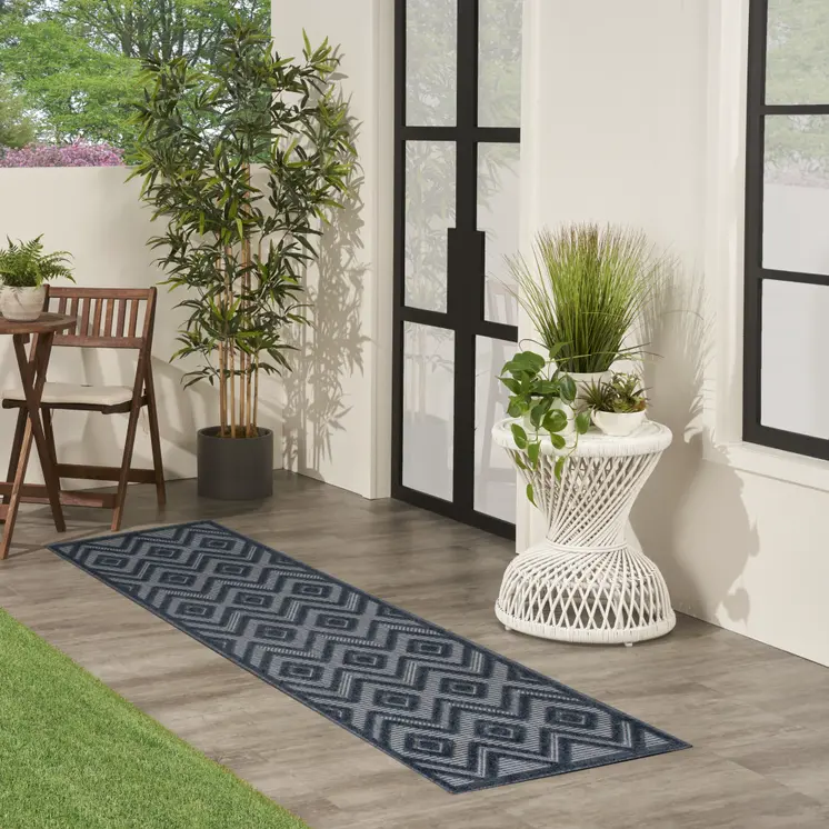 6' Navy Blue And Ivory Geometric Indoor Outdoor Area Rug