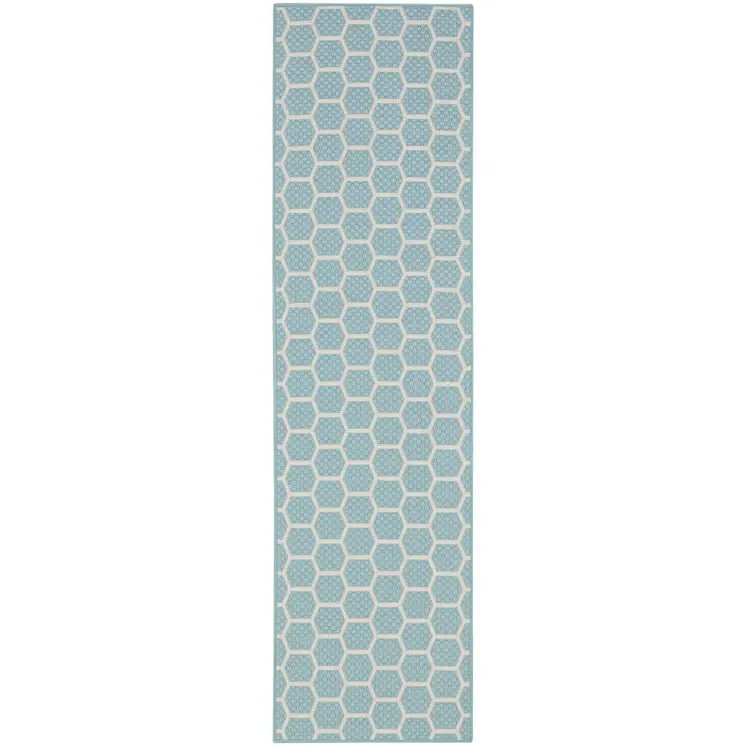 6' Aqua And Ivory Geometric Indoor Outdoor Area Rug