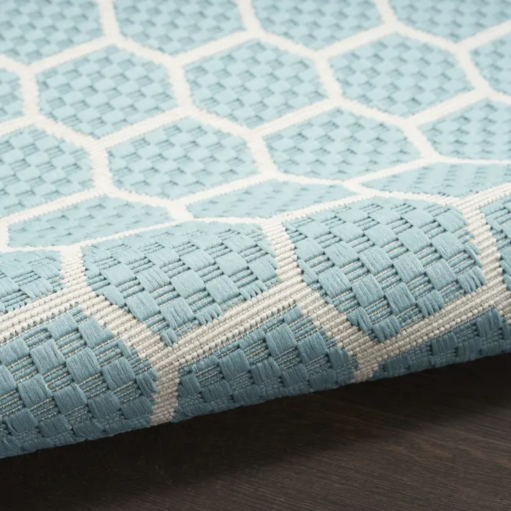 6' Aqua And Ivory Geometric Indoor Outdoor Area Rug