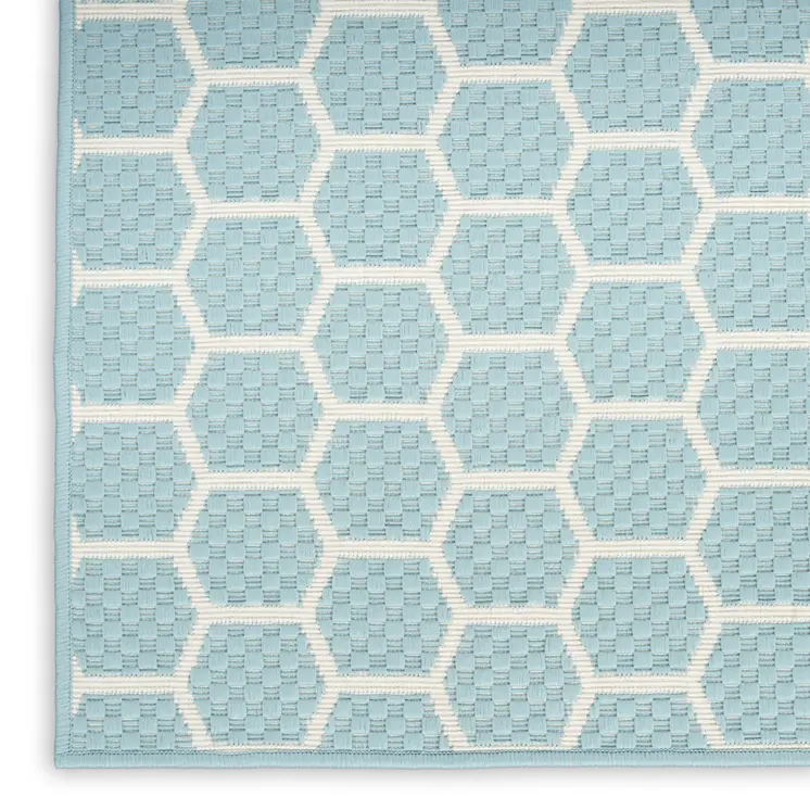 6' Aqua And Ivory Geometric Indoor Outdoor Area Rug