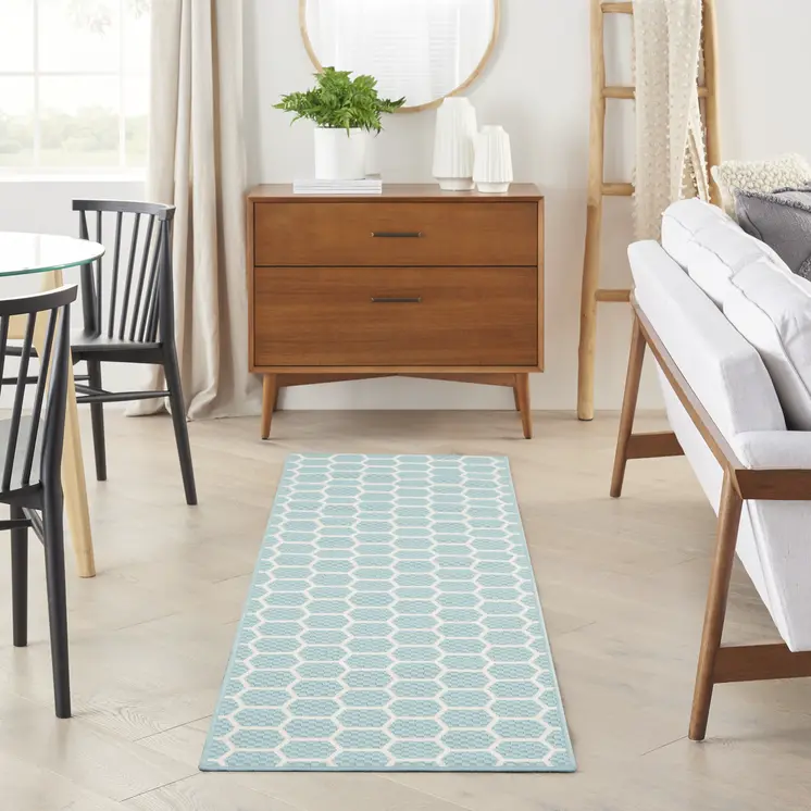 6' Aqua And Ivory Geometric Indoor Outdoor Area Rug