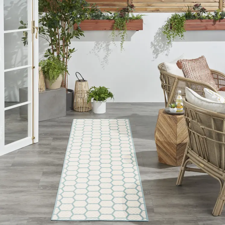 6' Aqua And Ivory Geometric Indoor Outdoor Area Rug