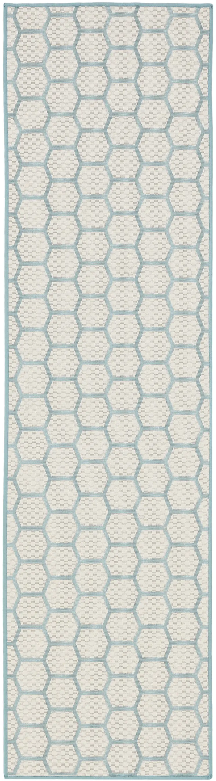 6' Aqua And Ivory Geometric Indoor Outdoor Area Rug