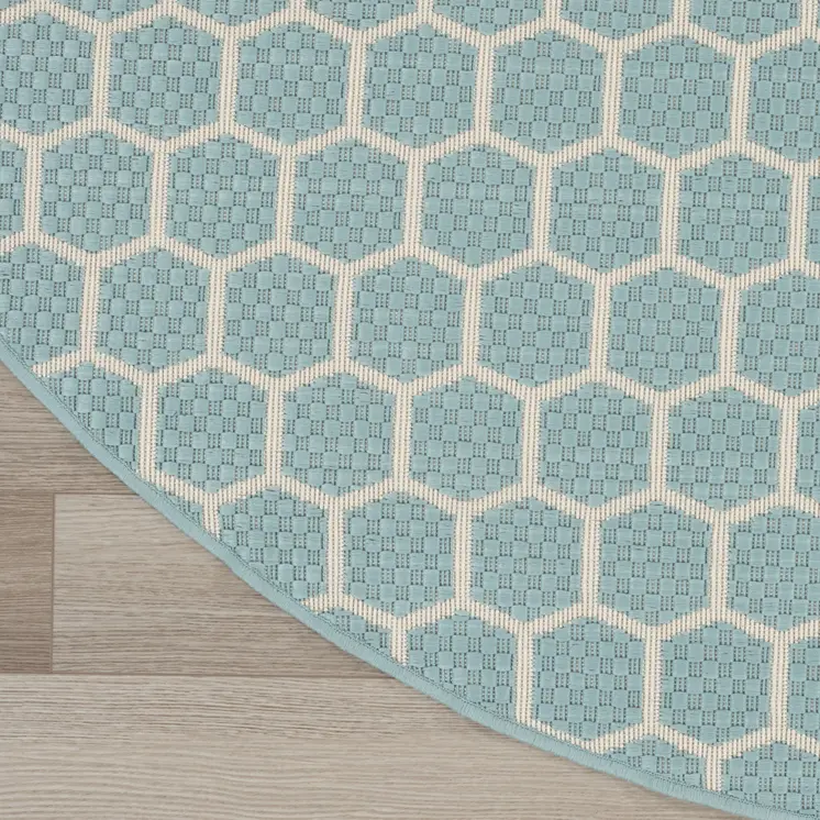 8' Aqua And Ivory Geometric Indoor Outdoor Area Rug