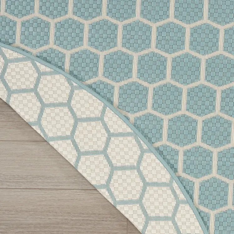 8' Aqua And Ivory Geometric Indoor Outdoor Area Rug