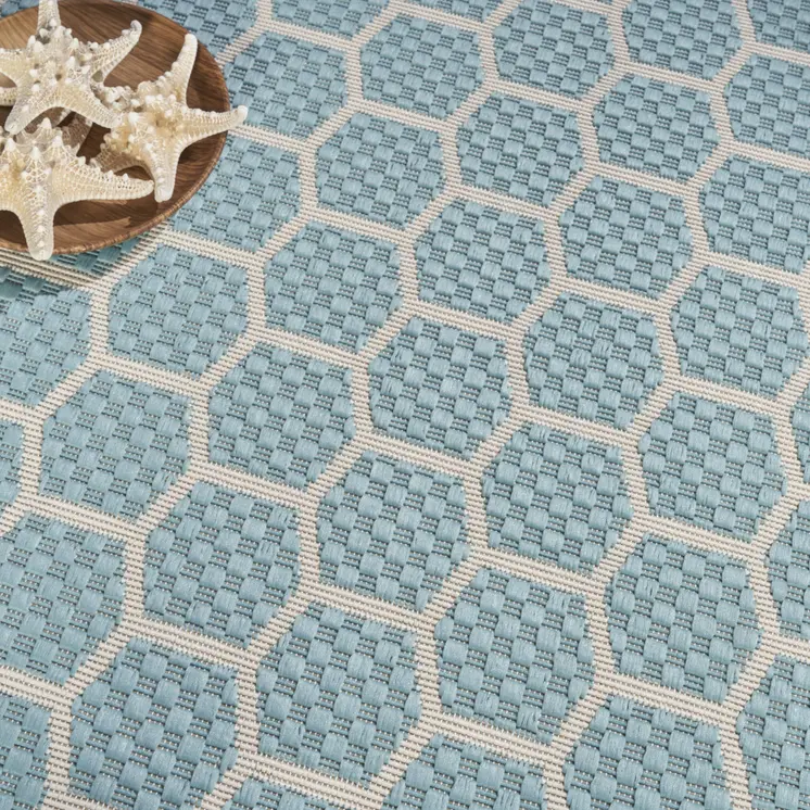 8' Aqua And Ivory Geometric Indoor Outdoor Area Rug