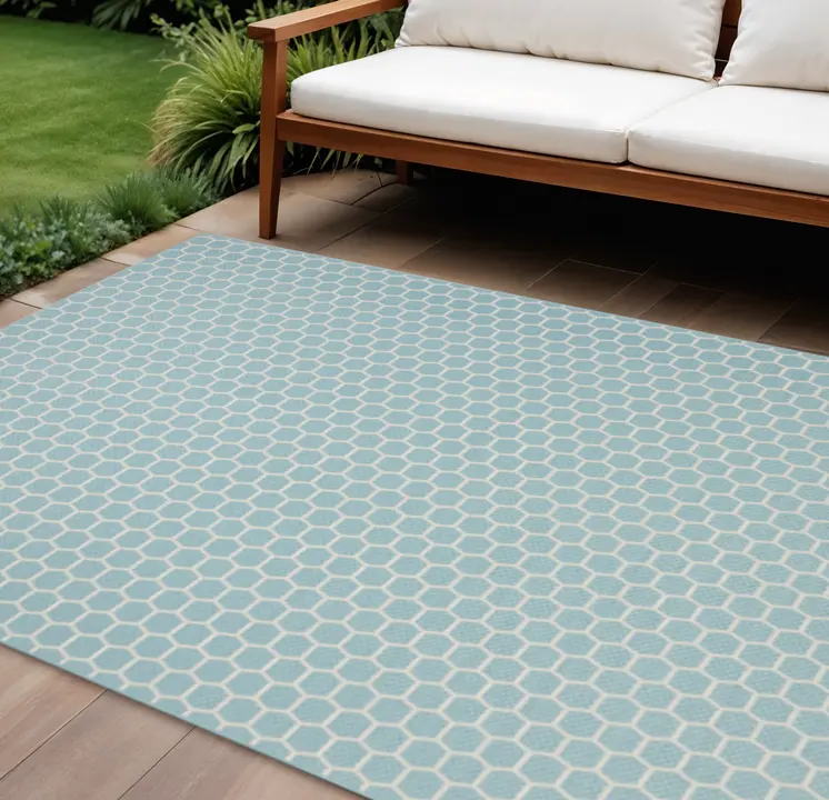 8' X 10' Aqua And Ivory Geometric Indoor Outdoor Area Rug